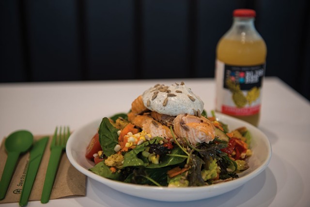 Salmon salad and a pineapple ginger Bliss Bee soda - DARIA BISHOP