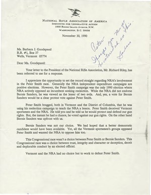 A November 30, 1990, letter from NRA lobbyist Mary Kaaren Jolly explaining the organization's support for Sanders - VERMONT HISTORICAL SOCIETY