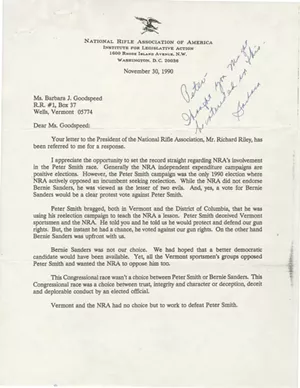A November 30, 1990, letter from NRA lobbyist Mary Kaaren Jolly explaining the organization's support for Sanders - VERMONT HISTORICAL SOCIETY