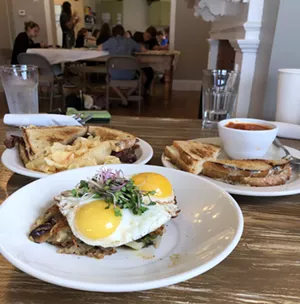 From left: Bacon, cheddar, maple-and-bourbon onion jam sandwich; veggie hash special; grilled cheese and tomato-basil soup - JORDAN BARRY