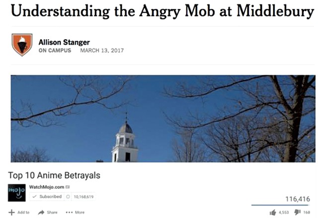 Katie Corrigan’s first meme in the Middlebury Memes for Crunchy Teens group, equating professor Allison Stanger’s New York Times op-ed to an anime betrayal