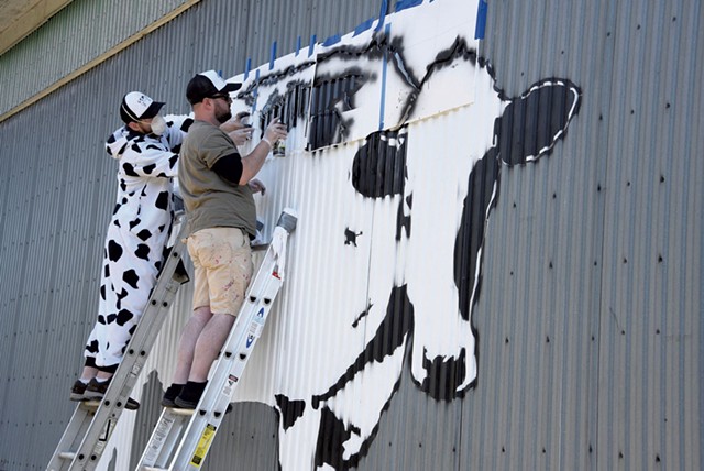 Middlesex artist DJ Barry (in cow suit) and New York City artist DJ Barry painting a World Cow in Montpelier - JEB WALLACE-BRODEUR