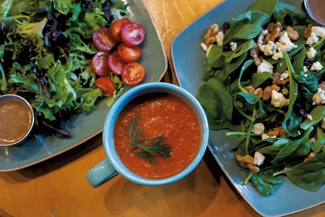 Salads and a mug of tomato, roasted pepper and garlic soup at Fork & Gavel - GLENN RUSSELL