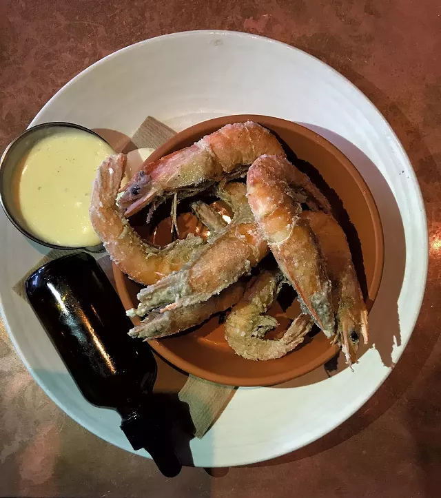 Crispy fried shrimp with horseradish aioli and hot pepper honey vinegar at Juniper - SALLY POLLAK
