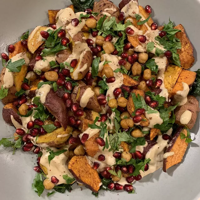 Loaded sweet potatoes with tahini dressing - MELISSA PASANEN