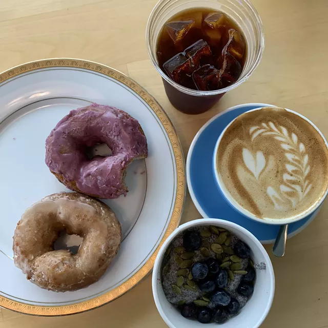 Miss Weinerz donuts, coconut milk chia pudding and oat milk latte at Scout & Co. - MELISSA PASANEN