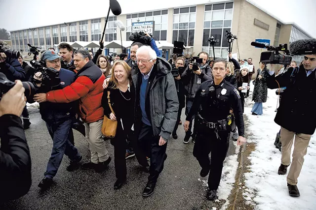 Sen. Bernie Sanders and Jane O'Meara Sanders outside a polling place in Manchester, N.H. - AP PHOTO/MATT ROURKE