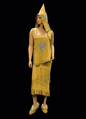 Traditional beaded buckskin dress made by Lori Lambert. Beaded hood and moccasins made by Francine Jones. Both are Nulhegan Citizens. - COURTESTY OF DIANE STEVENS