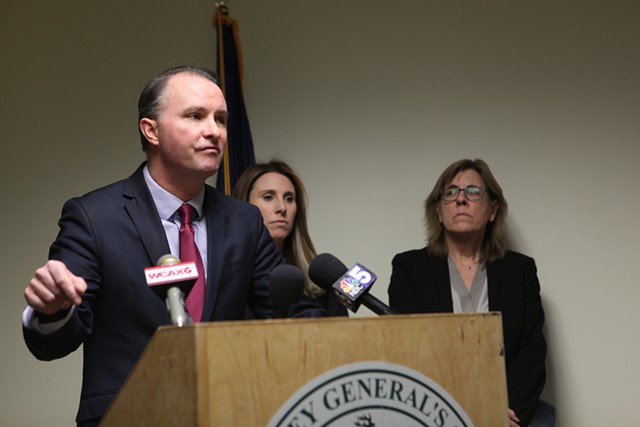Attorney General T.J. Donovan speaking at a press conference Thursday - KEVIN MCCALLUM