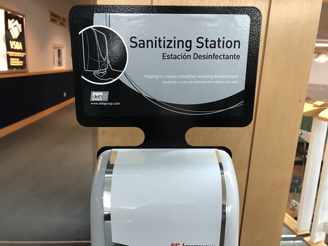 The Burlington International Airport has ordered more sanitizer stations like this one. - MOLLY WALSH