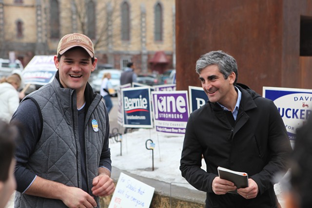 Adam Roof, left, campaigning Tuesday with Mayor Miro Weinberger - KEVIN MCCALLUM