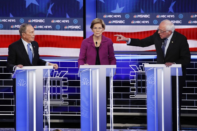 Former mayor Michael Bloomberg, Sen. Elizabeth Warren and Sen. Bernie Sanders debating last month in Las Vegas - ASSOCIATED PRESS
