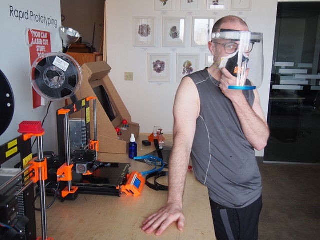 Jake Blend showing off one of his prototype face shields - COURTESY OF GENERATOR