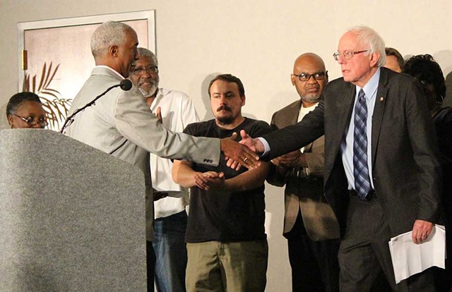 Rep. Terry Alexander shakes Sen. Bernie Sanders' hand at a press conference in Columbia, S.C. - PAUL HEINTZ