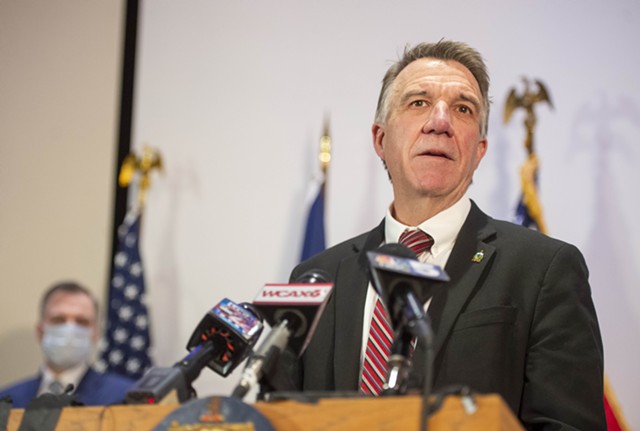 Gov. Phil Scott speaking at a press conference on Friday - JEB WALLACE-BRODEUR