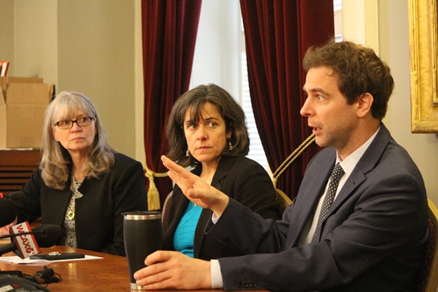 Rep. Patty McCoy, House Speaker Mitzi Johnson and Senate President Pro Tempore Tim Ashe at the Statehouse earlier this year - FILE: PAUL HEINTZ