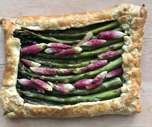 Asparagus-radish tart with radish-top pesto - JORDAN BARRY