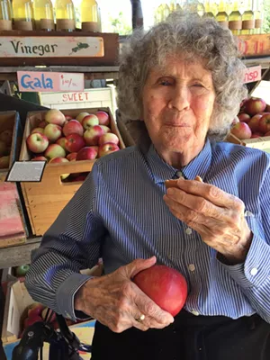 Jane Denker on her 99th birthday, enjoying a visit to Shelburne Orchards