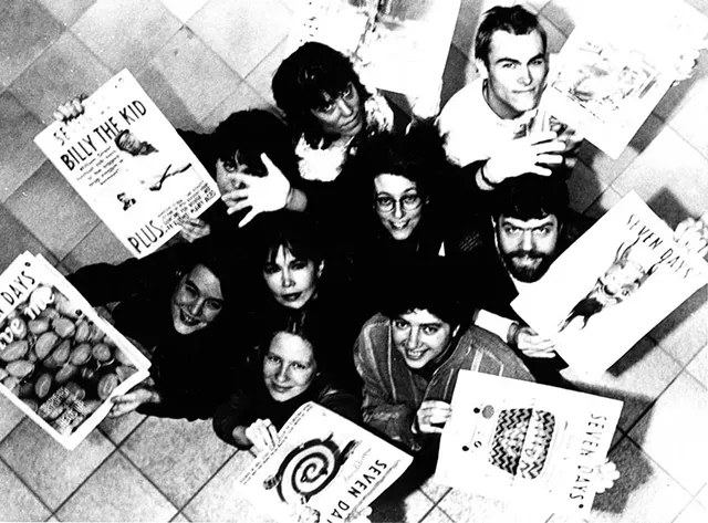 Original Seven Days staffers surround Pamela Polston and Paula Routly. Clockwise from top: Lars-Erik Fisk, Rick Woods, Clove Tsindle, Samantha Hunt, Maggie Starvish, Barbara Peabody and Kathy Erikson. - FILE: MATTHEW THORSEN ©️ SEVEN DAYS