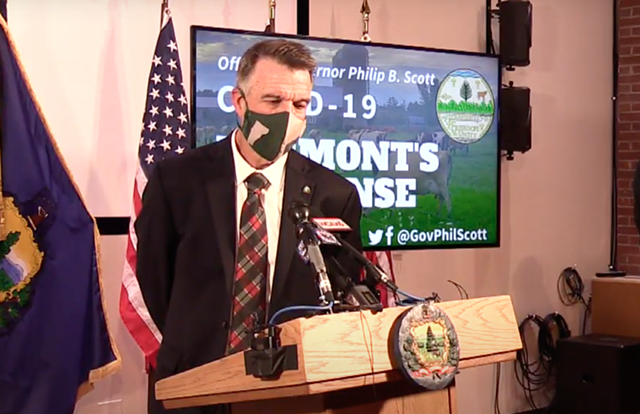 Gov. Phil Scott wearing a mask at Friday's press conference - SCREENSHOT