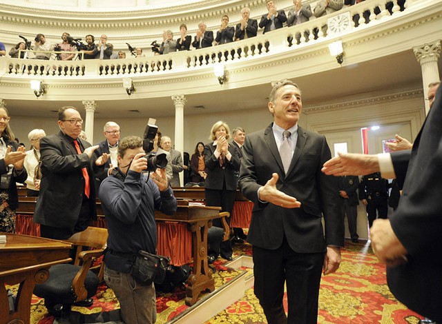Gov. Peter Shumlin arrives for his State of the State address Thursday. - JEB WALLACE-BRODEUR