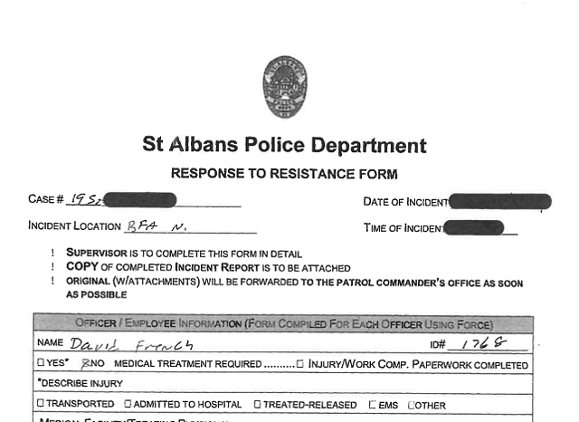 Use-of-force report filed by St. Albans School Resource Officer David French - SCREENSHOT ©️ SEVEN DAYS