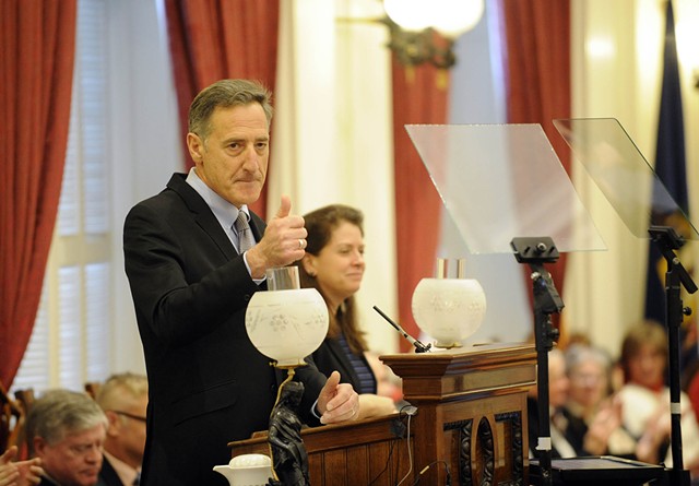 Gov. Peter Shumlin delivers his final State of the State address last Thursday at the Statehouse - JEB WALLACE BRODEUR