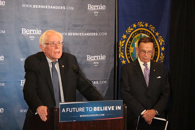 Sen. Bernie Sanders and former senator Paul Kirk speak at a press conference Thursday at Dartmouth College. - PAUL HEINTZ