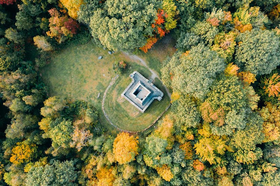 An aerial view of the Stone Tower in Hubbard Park, Montpelier - BEN CARPENTER FOR MONTPELIER ALIVE