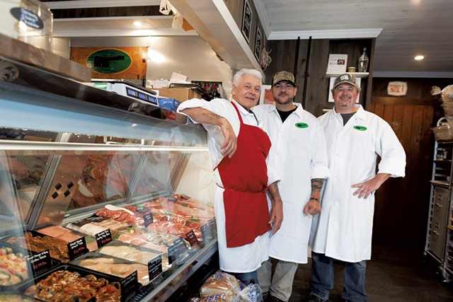 From left: Cole Ward, Travis Ryan and Matt Ryan at the Enosburg Meat Market - STINA BOOTH