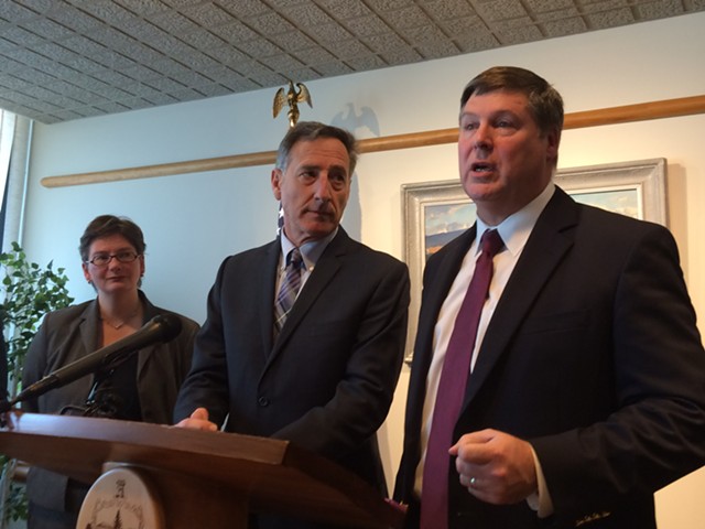 Robin Lunge, the governor's health reform director, Gov. Peter Shumlin and Al Gobeille, chair of the Green Mountain Care Board - NANCY REMSEN