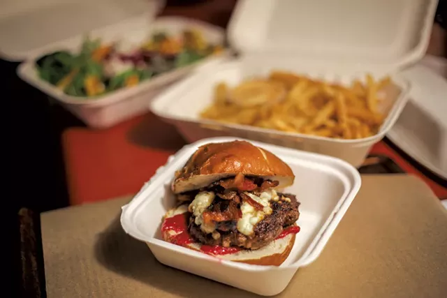 The Obarski burger, fries and a Big Ole Fat Salad from the Bobcat Café & Brewery - JORDAN BARRY ©️ SEVEN DAYS