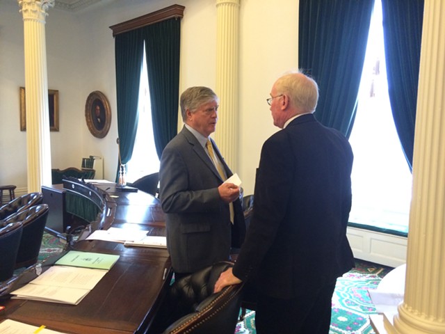 Senate President Pro Tempore John Campbell and Sen. Kevin Mullin discuss the paid leave bill. - NANCY REMSEN