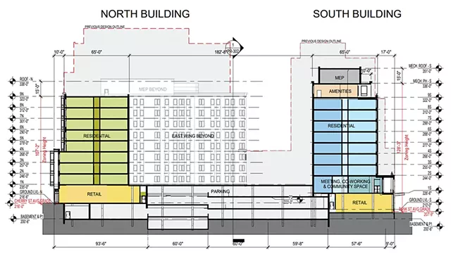 The new plans for CityPlace Burlington. Previously proposed building heights are outlined. - COURTESY OF FREEMAN FRENCH FREEMAN