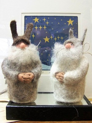 Amanda Weisendfeld's gnomes in front of Mary Simpson's "Constellations" - COURTESY OF NORTHEAST KINGDOM ARTISANS GUILD