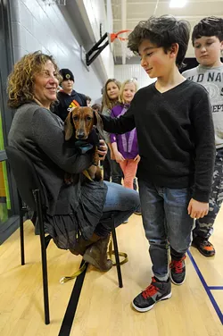 Tami Crupi Zeman and Hobbes with East Montpelier Elementary School students - JEB WALLACE-BRODEUR