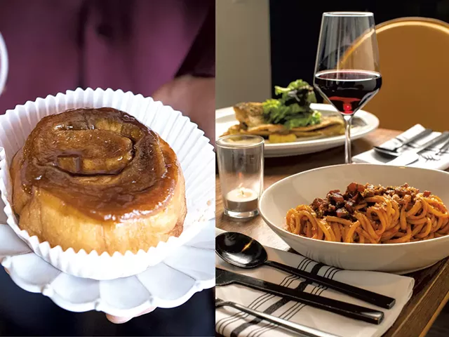 From top: Latte and cinnamon bun at Haymaker Bun; bucatini Amatriciana at the Arcadian - CALEB KENNA