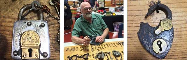 Left to right: "Trick" lock from the collection of Bill Thorneloe; Bill Thorneloe with his locks and keys; heart-shaped padlock from Thorneloe collection - RACHEL ELIZABETH JONES