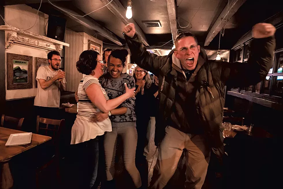 Max Tracy celebrating at a Progressive election night party in March 2020 - FILE: LUKE AWTRY