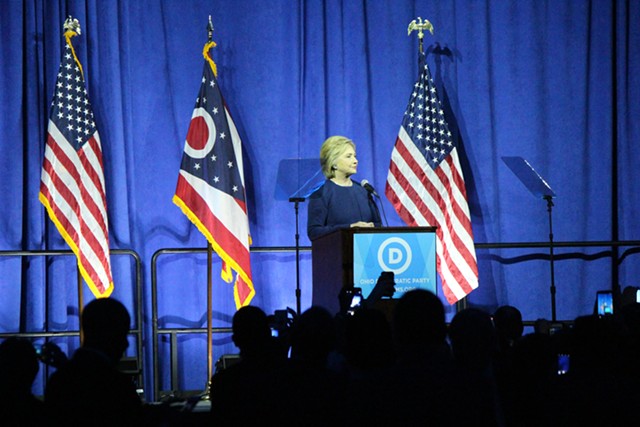 Hillary Clinton addresses Ohio Democrats Sunday night in Columbus. - PAUL HEINTZ