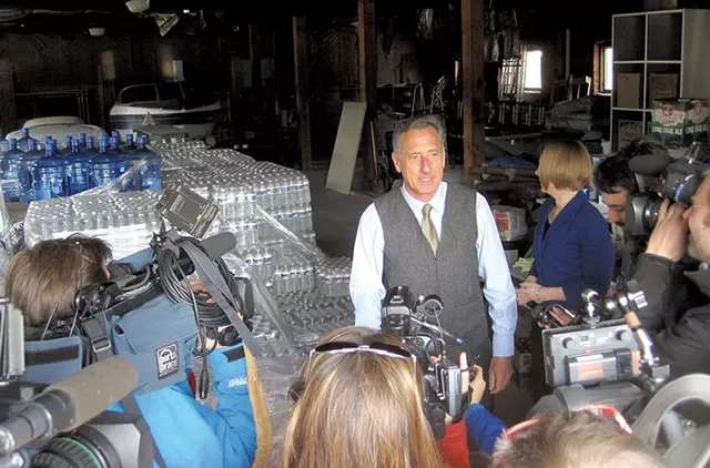 Gov. Peter Shumlin talking to reporters about the water crisis in North Bennington - NANCY REMSEN