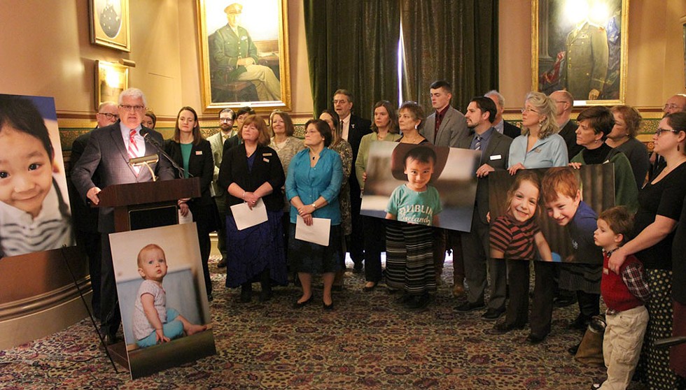 Michael Seaver speaking in support of increased investments in child care at a 2018 Statehouse press conference - COURTESY OF LET'S GROW KIDS