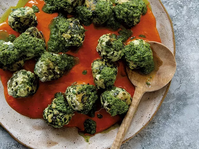 Chicken kale meatballs with CBD-infused cherry tomato and pesto sauces - COURTESY CLARE BARBOZA