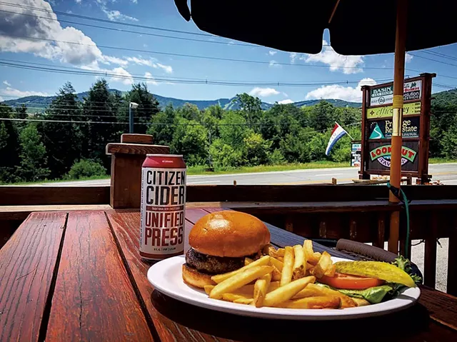 Burger and cider on the deck at Lookout Tavern - COURTESY OF PHIL BLACK
