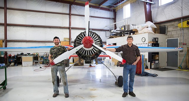 Dan Marcotte of Dan Marcotte Airshows (left) posing with Cliff Coy of Border Air in front of a Russian Yak-55 - JAMES BUCK