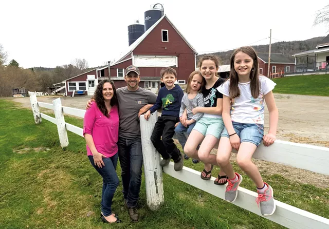 The Gingue family outside their barn in Waterford, from left: Sara, Shawn, Levi, Kenna, Brooklyn and Whitney - JEB WALLACE-BRODEUR
