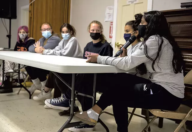 Tilly Krishna speaking at an anti-racism event at the Essex Center United Methodist Church - JAMES BUCK