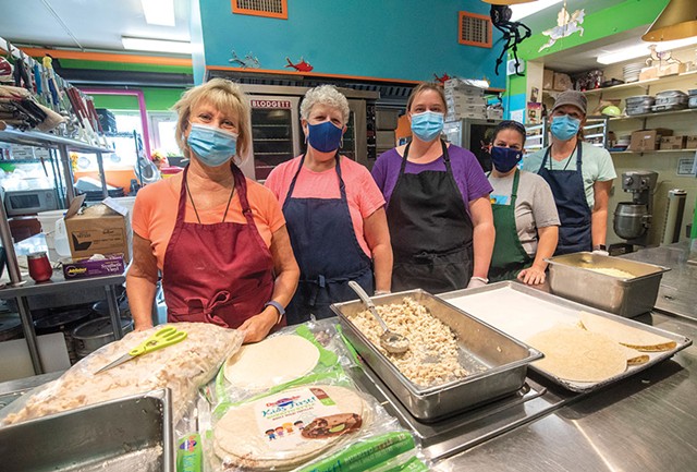 Val Hussey, School food service director, Hardwick; From left: Val Hussey, Debbie DeVoe, Jayme Lowell, Shannon Walker and Ruth McAllister in the kitchen at Hardwick Elementary School - JEB WALLACE-BRODEUR