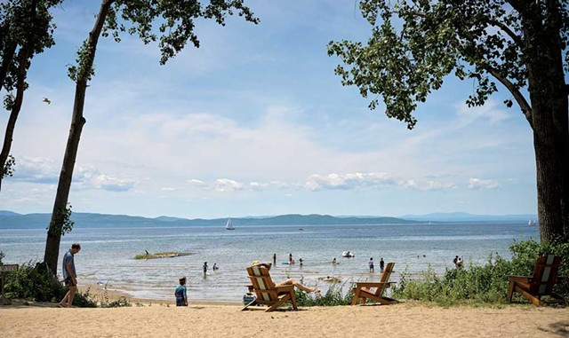 The Burlington Surf Club beach, with a view of Lake Champlain and &#10;the Adirondacks - BEAR CIERI