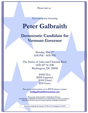 An invitation to Vermont gubernatorial candidate Peter Galbraith’s May 2 fundraiser in Washington, D.C. - COURTESY: GALBRAITH FOR GOVERNOR